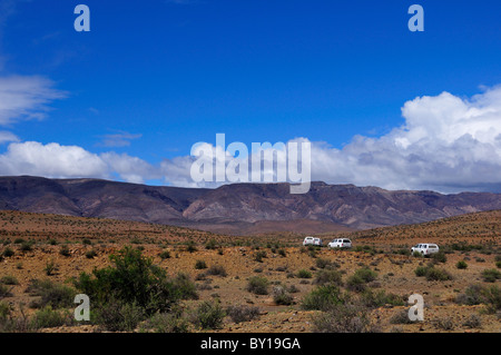 Un convoglio di camion bianco nel deserto di Karoo bacino. Sud Africa. Foto Stock