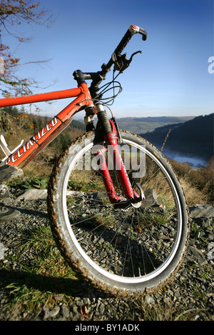 Mountain bike sui Penmachno Bike, vicino a Betws-y-Coed, Snowdonia. Foto Stock