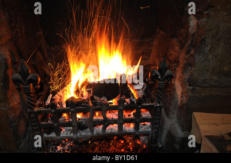 Fuoco aperto - fiamme e scintille da un fuoco scoppiettante a metà inverno che crea un'atmosfera di intimità, convivialità confortevole, sensazioni di benessere e calore. Foto Stock