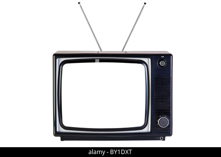 Vecchio retrò in bianco e nero TV set, isolato su uno sfondo bianco, con i tracciati di ritaglio per la televisione e la schermata vuota. Foto Stock