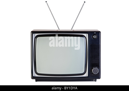 Foto di un vecchio retrò in bianco e nero TV set, isolato su uno sfondo bianco, con i tracciati di ritaglio per la televisione e lo schermo. Foto Stock