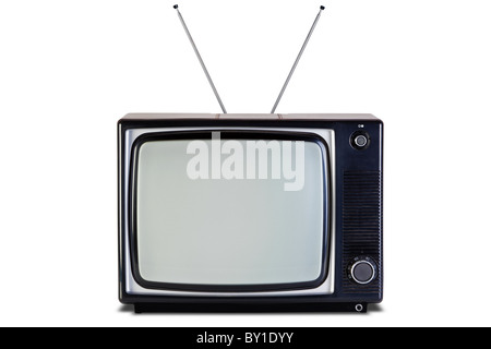 Vecchio retrò in bianco e nero TV set, isolato su uno sfondo bianco, con i tracciati di ritaglio per la televisione e lo schermo. Foto Stock