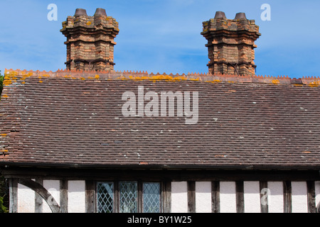 Dunster un borgo storico e Castello con cottage con il tetto di paglia in Somerset.Inghilterra Foto Stock