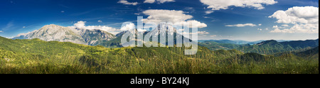 Panorama, compreso il massiccio calcareo della pena Montanesa e il mediano serbatoio, dal villaggio di Bestue, Huesca, Spagna Foto Stock