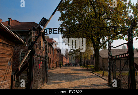 Campo di concentramento di Auschwitz orrore Oswiecim Polonia cancello Arbeit macht frei 'lavoro porta la libertà" Foto Stock