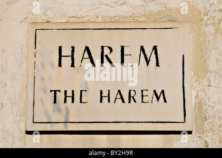 Palazzo Topkapi insegna Harem Istanbul // ISTANBUL, Turchia - Un cartello segna l'ingresso alla sezione Harem del Palazzo Topkapi, l'ex complesso del palazzo imperiale ottomano nello storico quartiere Sultanahmet di Istanbul. Gli Harem servirono come quartieri privati dei sultani ottomani e delle loro famiglie dal XV al XIX secolo. Il Palazzo Topkapi funzionò come residenza principale e sede amministrativa dei sultani ottomani per circa 400 anni fino alla metà del XIX secolo. Il complesso del palazzo, ora museo, si trova su Seraglio Point, affacciato sullo stretto del Bosforo e sul Corno d'Oro. T Foto Stock