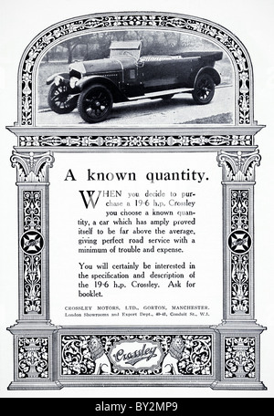 Annuncio originale per Crossley Motors Ltd 19,6 h.p. manufactued auto dal 1921 al 1926 a Manchester Inghilterra England Regno Unito Foto Stock