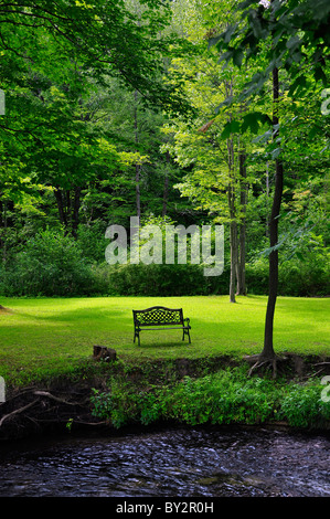 Un banco vuoto dal fiume, Upstate New York. Foto Stock