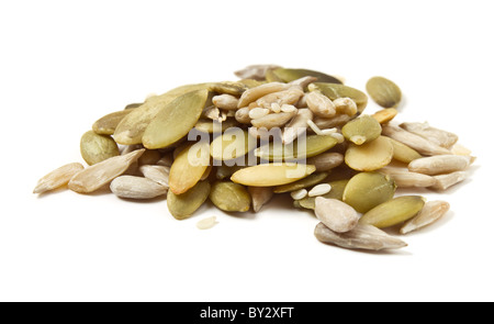 3 miscela di semi di zucca e semi di girasole e semi di sesamo isolato su bianco. Foto Stock