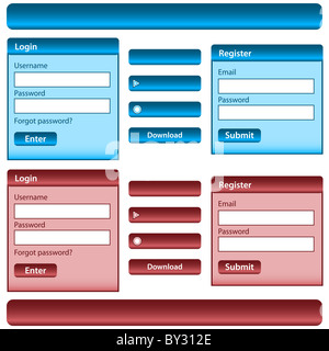 Web design template inc elementi con login e registrare i moduli, i tasti e le barre di menu in blu e rosso. Isolato su bianco. Foto Stock