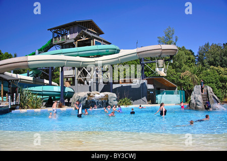 Area AquaPlay, Hanmer Springs Thermal Pool & Spa, Hanmer Springs, Canterbury, Isola del Sud, Nuova Zelanda Foto Stock