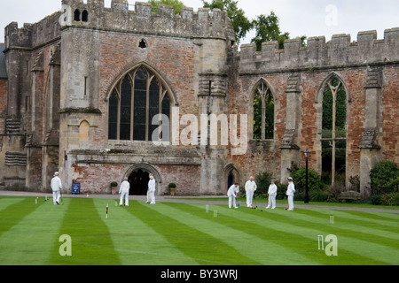 Croquet riprodotto sul Palazzo del Vescovo Prato; Wells, Somerset, Regno Unito Foto Stock