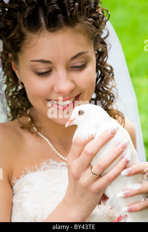 Immagine della colomba bianca in bella sposa le mani Foto Stock