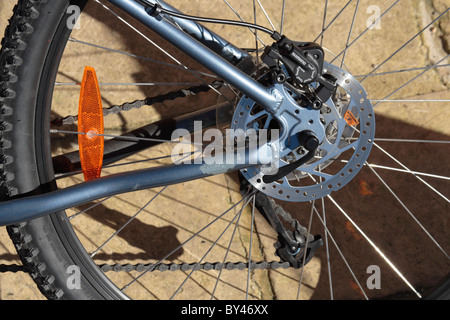 L'ingranaggio e la catena e il meccanismo del freno sul mozzo della ruota posteriore di una bicicletta Foto Stock