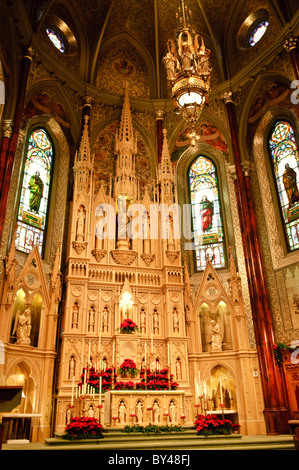 Basilica di San Patrizio altare ornato Montreal Canada // MONTREAL, Quebec, Canada — l'altare ornato della Basilica di San Patrizio si erge come il fulcro di questa storica chiesa cattolica nel centro di Montreal. La basilica, costruita tra il 1843 e il 1847, presenta un'architettura neogotica e serve la comunità cattolica di lingua inglese di Montreal. L'elaborato altare mostra intricate opere in legno, iconografia religiosa e dettagli in foglia d'oro caratteristici del design della chiesa cattolica del XIX secolo. Saint Patrick's è stato designato National Historic Site of Canada nel 1996 e continua a essere stato Foto Stock