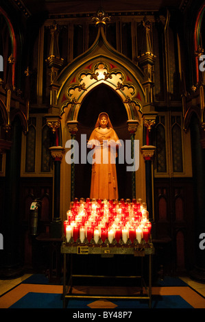 Basilica Notre-Dame Statua di una suora Candele votive Montreal | MONTREAL, Quebec — Candele votive illuminano una nicchia della cappella laterale nella Basilica Notre-Dame di Montreal, dove si trova una statua policroma in legno di una suora che tiene un libro e un rosario, racchiusa in un arco gotico dipinto. La pratica di accendere candele votive — dal latino votum, che significa voto o preghiera — è stata una caratteristica centrale della devozione cattolica almeno dal periodo medievale iniziale, collegando l’intenzione del richiedente alla fiamma continua lasciata in sua assenza. Foto Stock