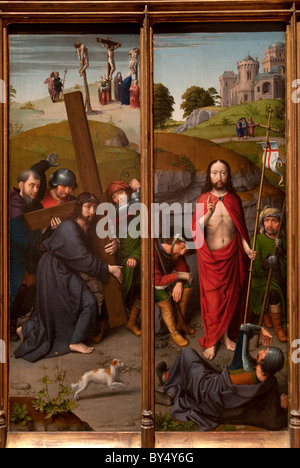 Cristo che porta la croce e con la Crocifissione e La Resurrezione, con i pellegrini di Emmaus di Gerard David Foto Stock