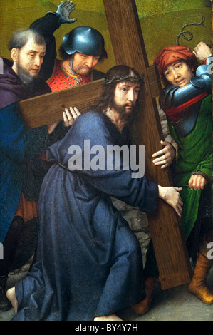 Dettaglio: Cristo che porta la croce e con la Crocifissione e La Resurrezione, con i pellegrini di Emmaus di Gerard David Foto Stock