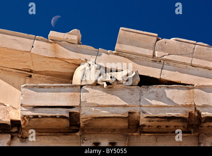 Testa di cavallo di Selene, sul frontone orientale del Partenone, dall'Acropoli di Atene, Grecia Foto Stock