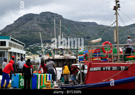 Fisherman caricare una barca da pesca al porto. Cape Town, Sud Africa. Foto Stock