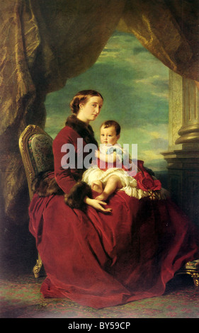 Imperatrice Eugenia de Montijo (1826-1920), moglie di Napoleone III dipinto da Franz Winterhalter nel 1857 con Louis, Prince Imperial Foto Stock