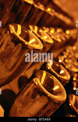 Dettaglio di bottiglie di champagne in un rack Foto Stock