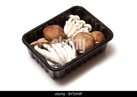 Pacchetto o scatola di funghi cinesi, Enoki,Hon-shimeji e shitake isolato su un bianco di sfondo per studio. Foto Stock