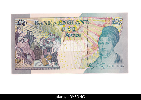 Il retro di un moderno inglese cinque pound nota con Elizabeth Fry. Foto Stock