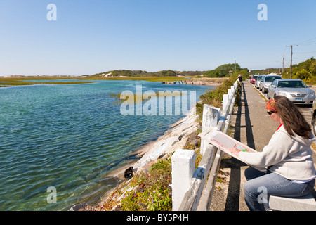 Donna seduta lungo la provincia Terre Road area parcheggio dipinto paesaggi costieri a Provincetown in Massachusetts Foto Stock