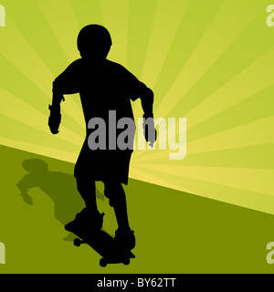 Un'immagine di un bambino a cavallo di un skateboard. Foto Stock