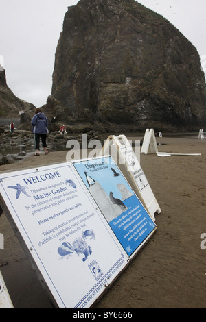 Pool di marea segno Haystack Rock Cannon Beach Oregon Coast National Wildlife Refuge Foto Stock