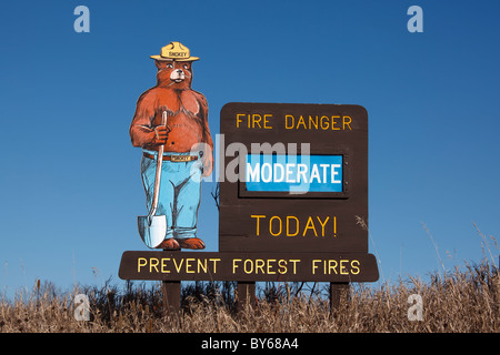 Un Smokey Bear pericolo di incendio segno indicante, moderate rischio - nord del Minnesota, Stati Uniti d'America. Foto Stock