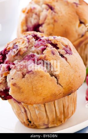 Muffin al lampone come closeup su sfondo bianco Foto Stock