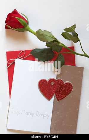 Veramente, pazzo, profondamente valentine card con una rosa rossa per il giorno di San Valentino Foto Stock