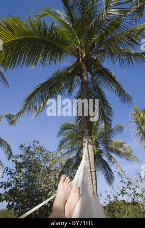 Piedi di uomo in rilassante amaca a Xel Ha Acqua Park, vicino a Tulum, Quintana Roo, Messico Foto Stock