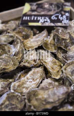 Ostriche per la vendita al mercato stand, St. Malo, Bretagna, Francia, Europa Foto Stock