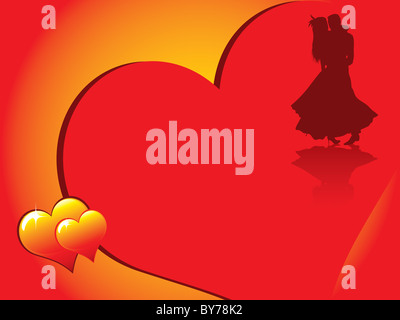 Il giorno di San Valentino card con coppia romantica silhouette e bella incandescente cuori Foto Stock