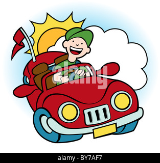 Raggruppate il cloud, sun e convertibile dell uomo alla guida della sua auto in una giornata di sole. Foto Stock