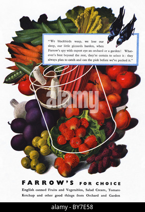 1940s pubblicità per FARROW conserve di frutta e verdura in donna home economia magazine Foto Stock