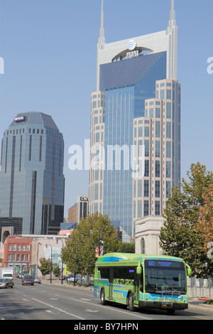 Tennessee Nashville, Fourth 4th Avenue, strada, grattacieli alti grattacieli costruire edifici AT&T Batman edificio, architettura insolita, ufficio towe Foto Stock