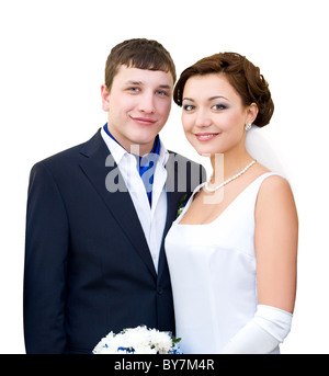 Lo sposo e la sposa guardare nella fotocamera a sorridere Foto Stock