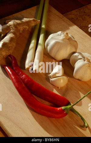 Aglio, peperoncino, erba di limone e zenzero, alcuni degli ingredienti di base del lontano Oriente per la cottura Foto Stock