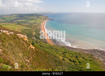 Guardando verso est lungo la baia di Lyme costa da Golden Cap, con la famosa spiaggia di Seatown nella distanza Foto Stock