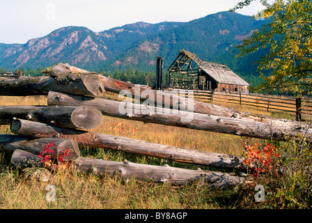 Botanie Valley vicino a Lytton, Southwestern BC, British Columbia, Canada - Registro di serpente recinzione e vecchio fienile, Autunno / Autunno Foto Stock