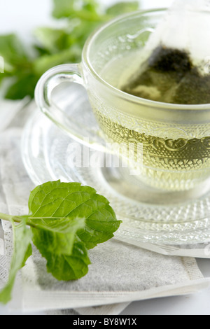 Il tè alla menta in vetro tazza da tè Il tè alla menta sacchetti circondata con le foglie di menta Foto Stock