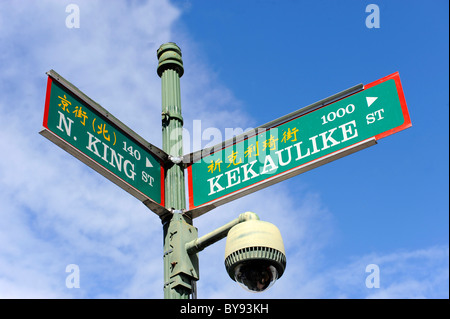 Segno con il cinese e inglese in area di Chinatown Honolulu Hawaii Oahu Oceano Pacifico Foto Stock