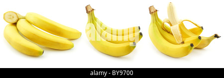 Set di maturazione delle banane gialle isolato su bianco Foto Stock