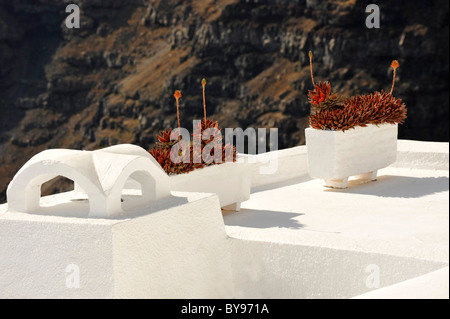 Insoliti comignoli e tetti sull'isola greca di Santorini nel Mare Egeo Foto Stock