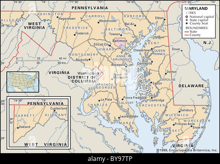 Mappa politico del Maryland Foto Stock