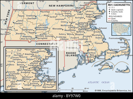 Mappa politica del Massachusetts Foto Stock